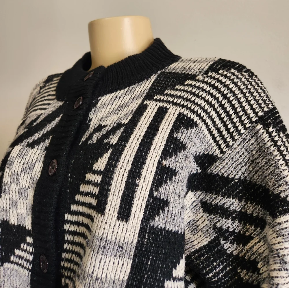 Mohair Wool Fanci Vintage Cardigan Trival Print Size M oversized Black Color - Picture 9 of 14